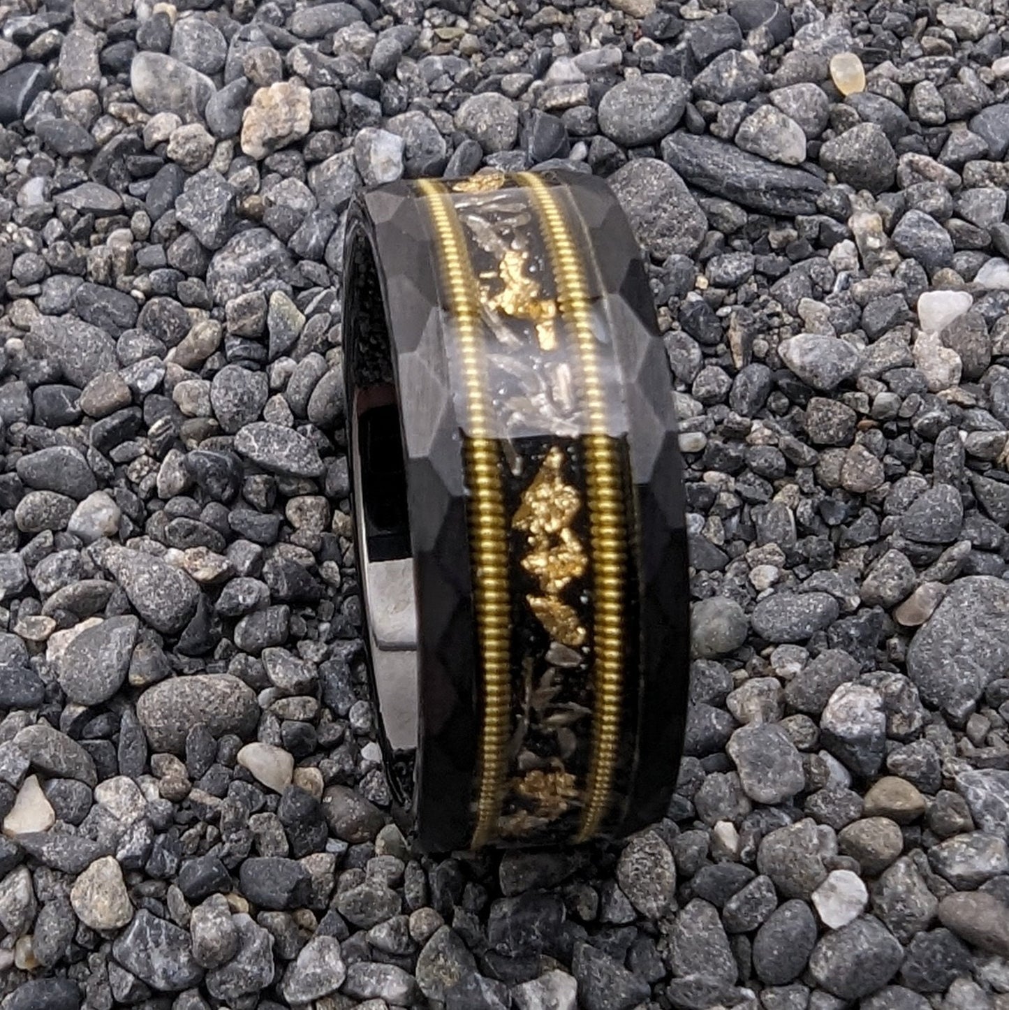 Guitar String Ring, Men's Wedding Band Unique, Meteorite wedding band, Gold Leaf and Meteorite ring, Guitar string wedding band