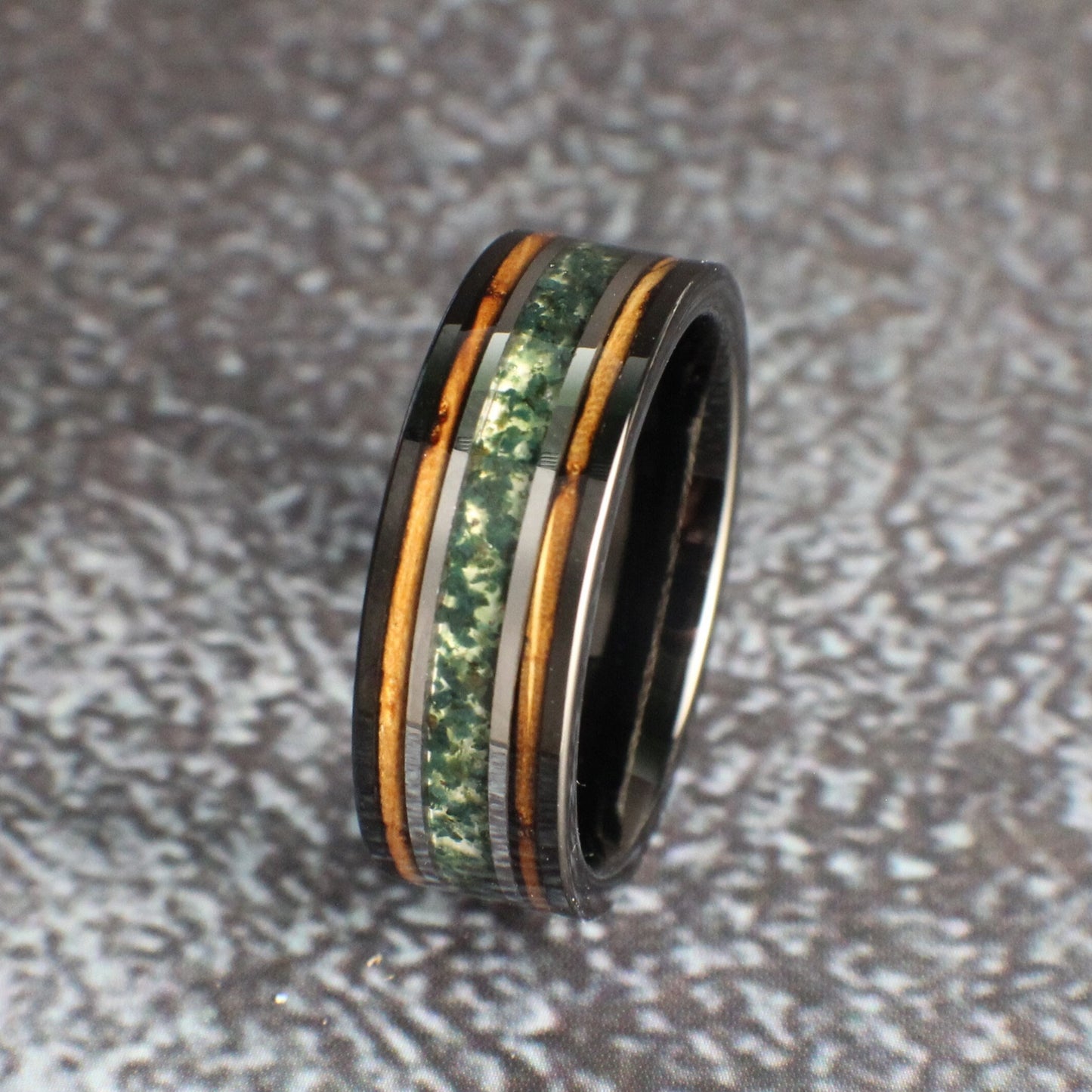 Moss Agate Wedding Band with Silver Lines