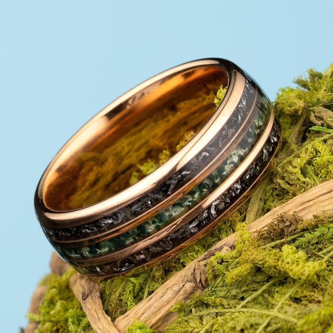 Mens Moss Agate Ring, Meteorite Ring for Men