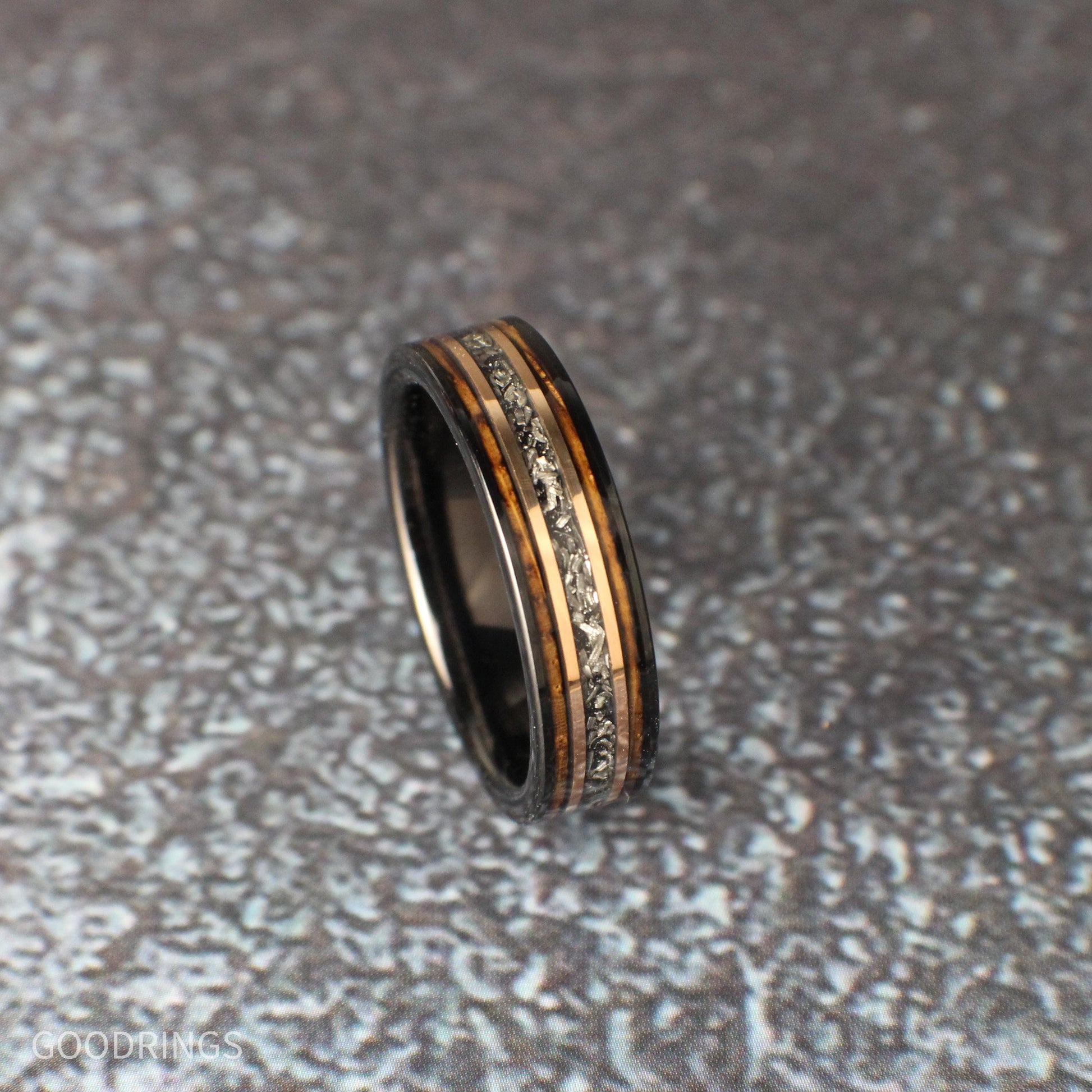 Meteorite Ring with Whiskey Barrel and Rose Gold Lines