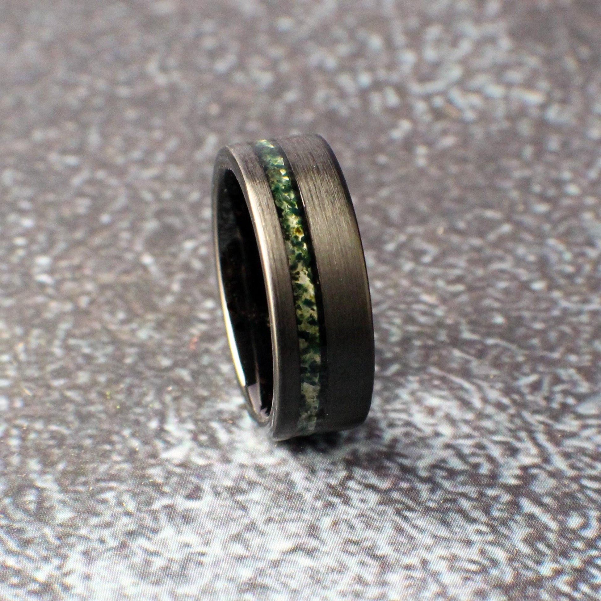 Moss Agate Ring for men in a black tungsten core.