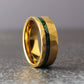 8mm wide hammered gold ring with offset crushed malachite inlay; bold, sophisticated ring with a touch of natural green elegance.