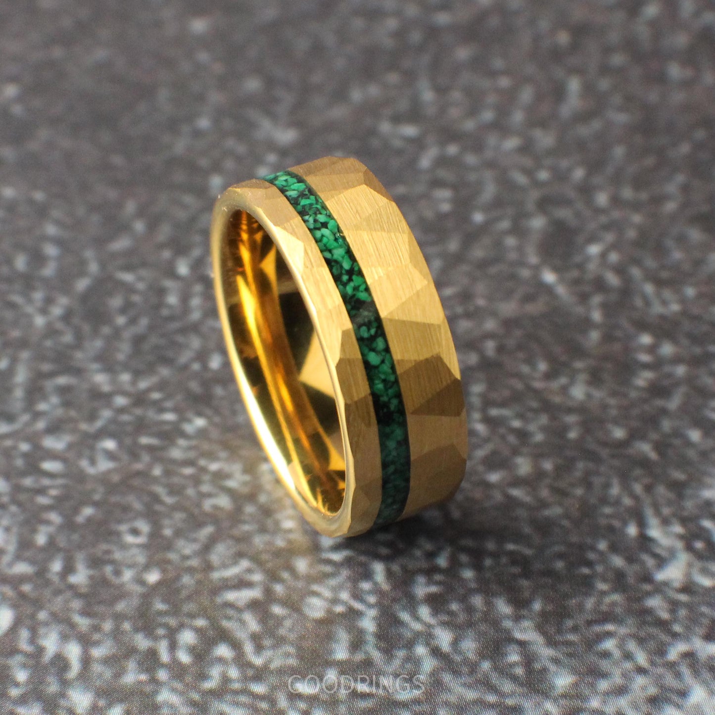 Men&#39;s 8mm hammered gold ring with offset crushed malachite channel; distinctive, nature-inspired ring design with vibrant green inlay.