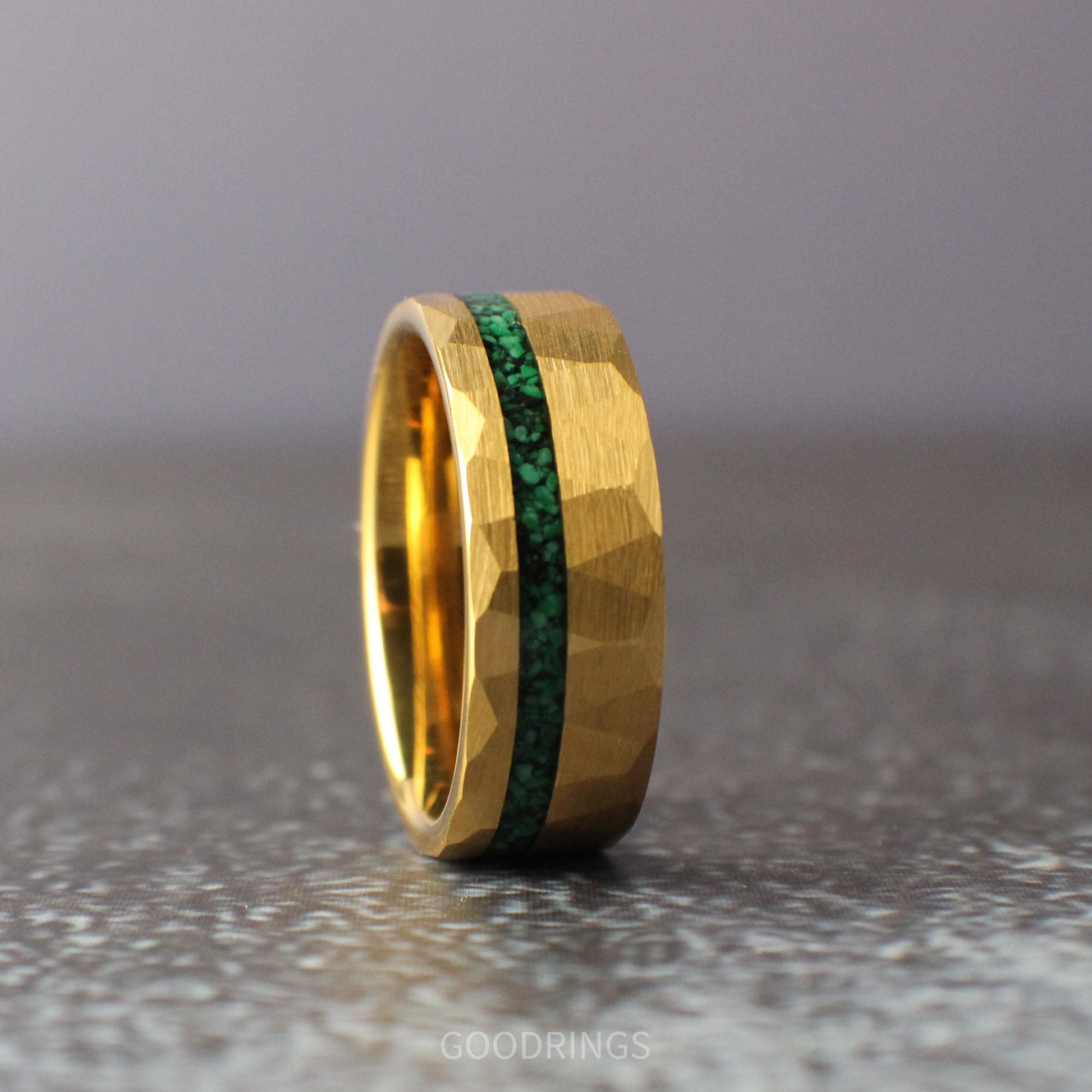 Hammered gold ring with offset crushed malachite channel, 8mm width; perfect for a unique wedding band or stylish accessory