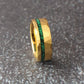 8mm hammered gold ring with offset channel inlay of crushed malachite; unique and bold design for men’s wedding or statement ring.