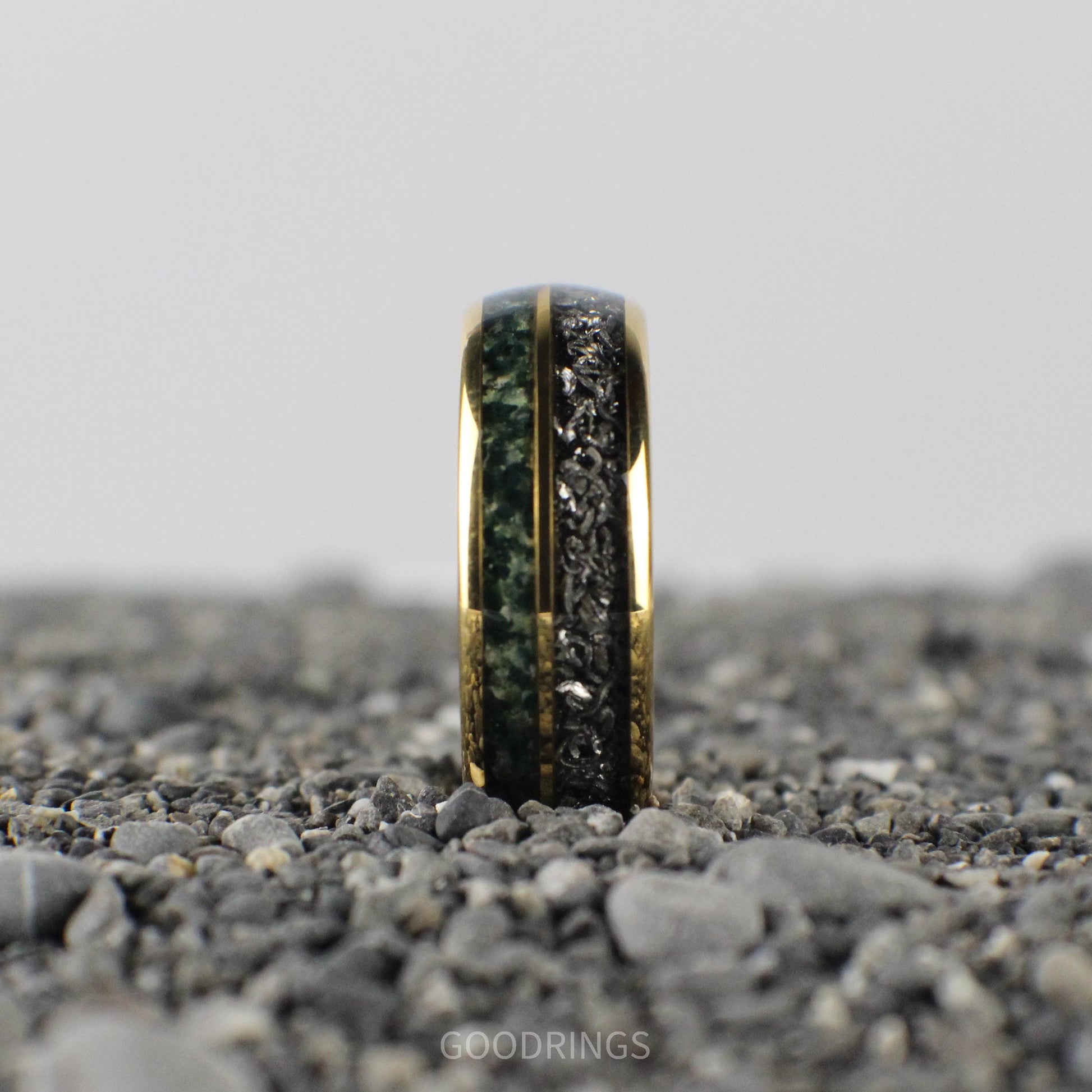 Polished yellow gold ring, 8mm wide, with inlays of genuine meteorite and moss agate, creating a balance of cosmic and natural elegance.