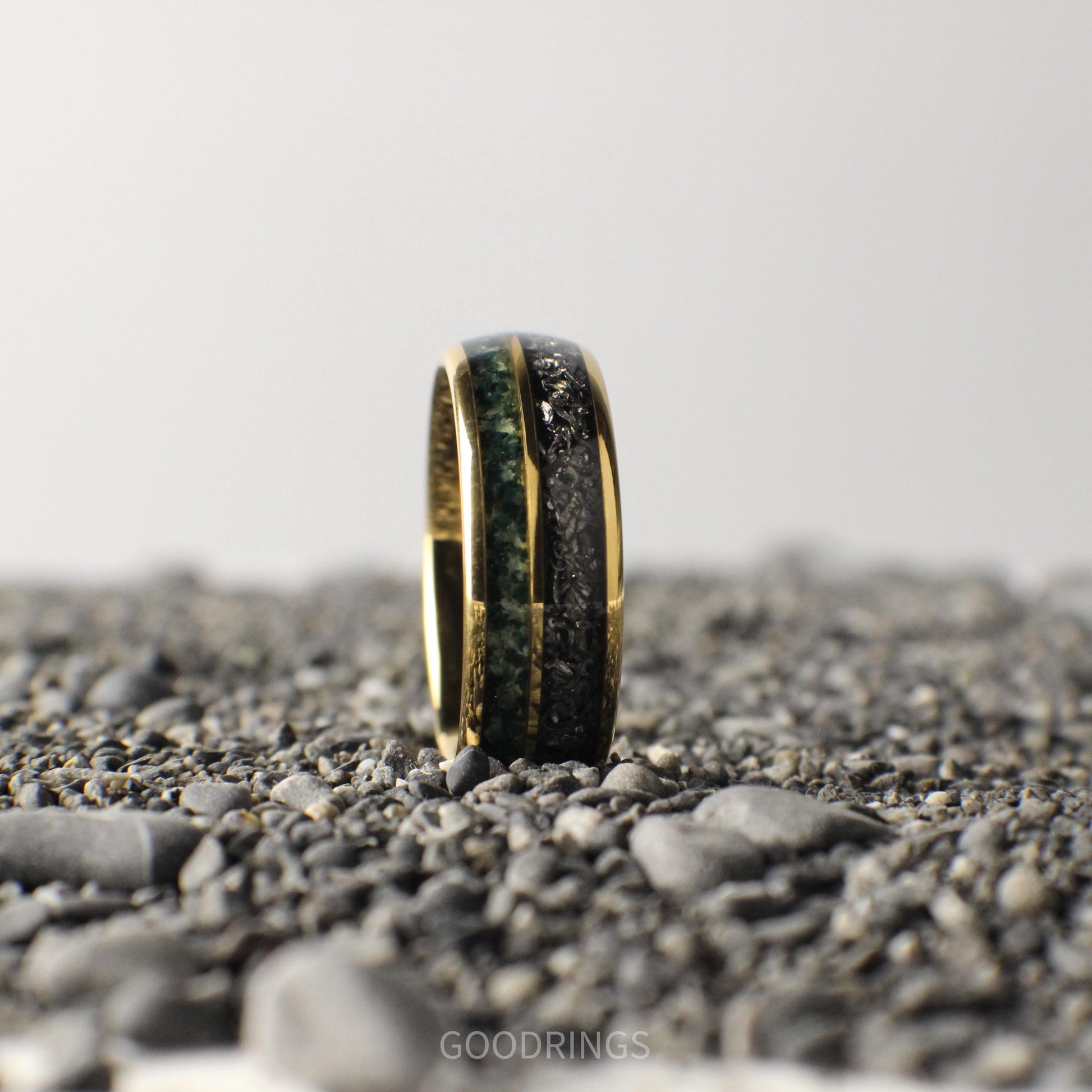 Yellow gold comfort-fit ring with an 8mm width, blending shimmering meteorite and vibrant moss agate in a timeless domed profile.