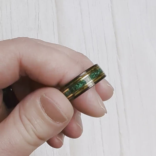 Malachite Ring with Gold Lines and Whiskey Barrel, 8mm Wide Ring, Whiskey Barrel Ring, Men's Malachite Ring, Malachite Wedding Band